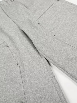 Gray men's sweatpants with wide legs and detailed pocket construction.