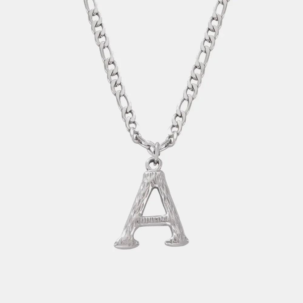 Textured initial A pendant necklace with stainless steel curb chain