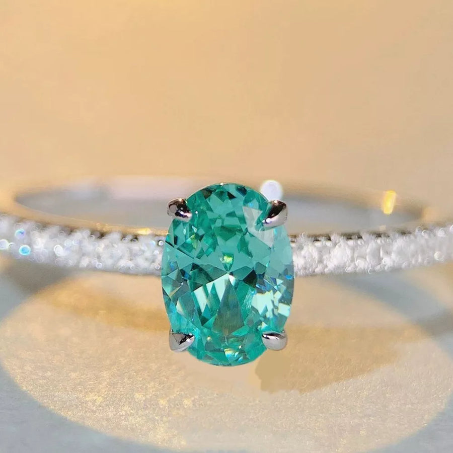 925 Sterling Silver Zircon Oval Ring in teal with oval cut
