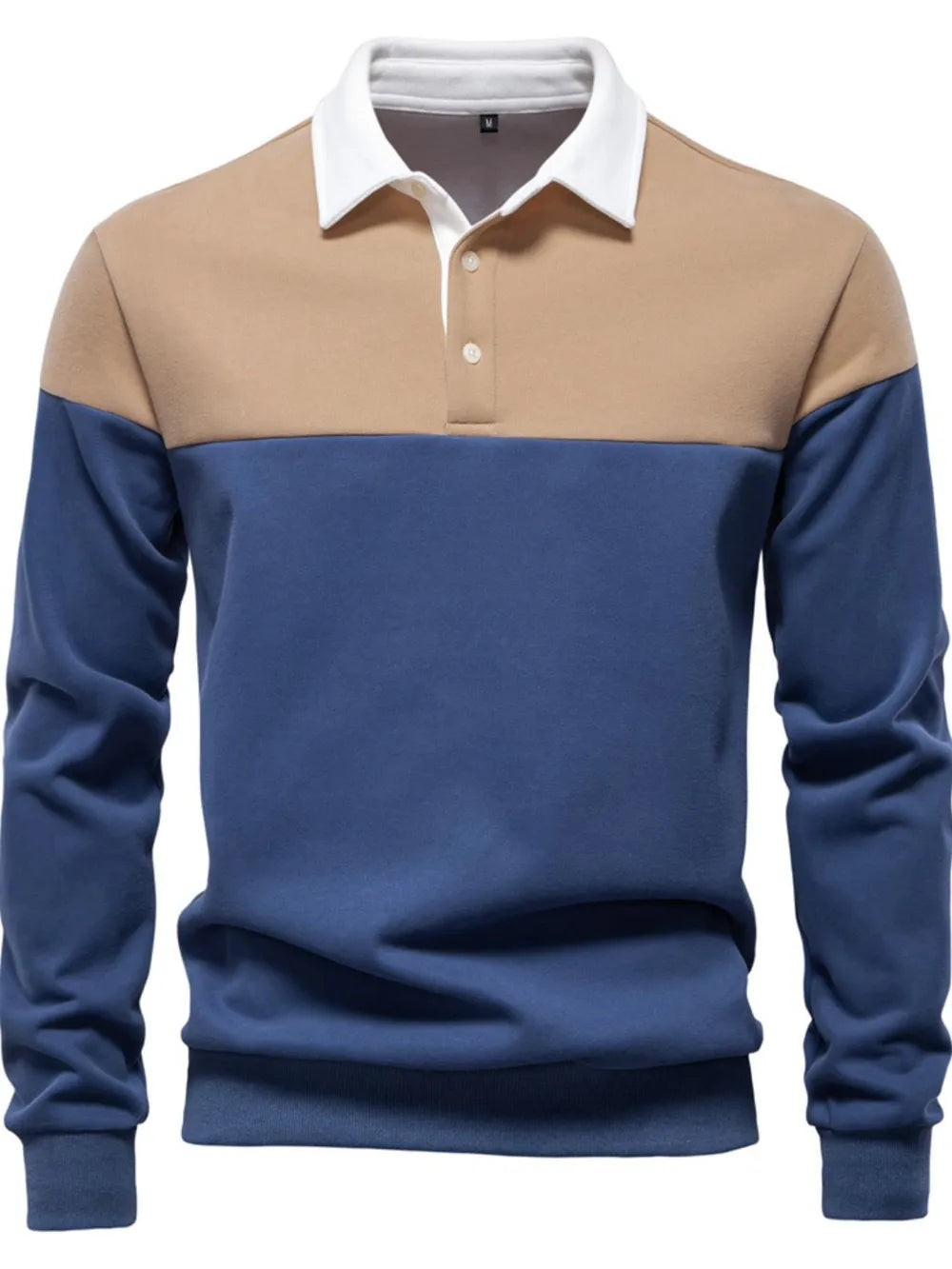Colorblock rugby shirt with contrast white collar, tan and dusty blue panels, long sleeves.