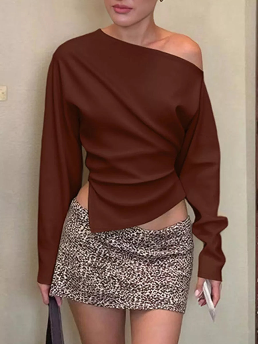 Brown draped asymmetrical off-shoulder t-shirt with long sleeves and a casual cut.