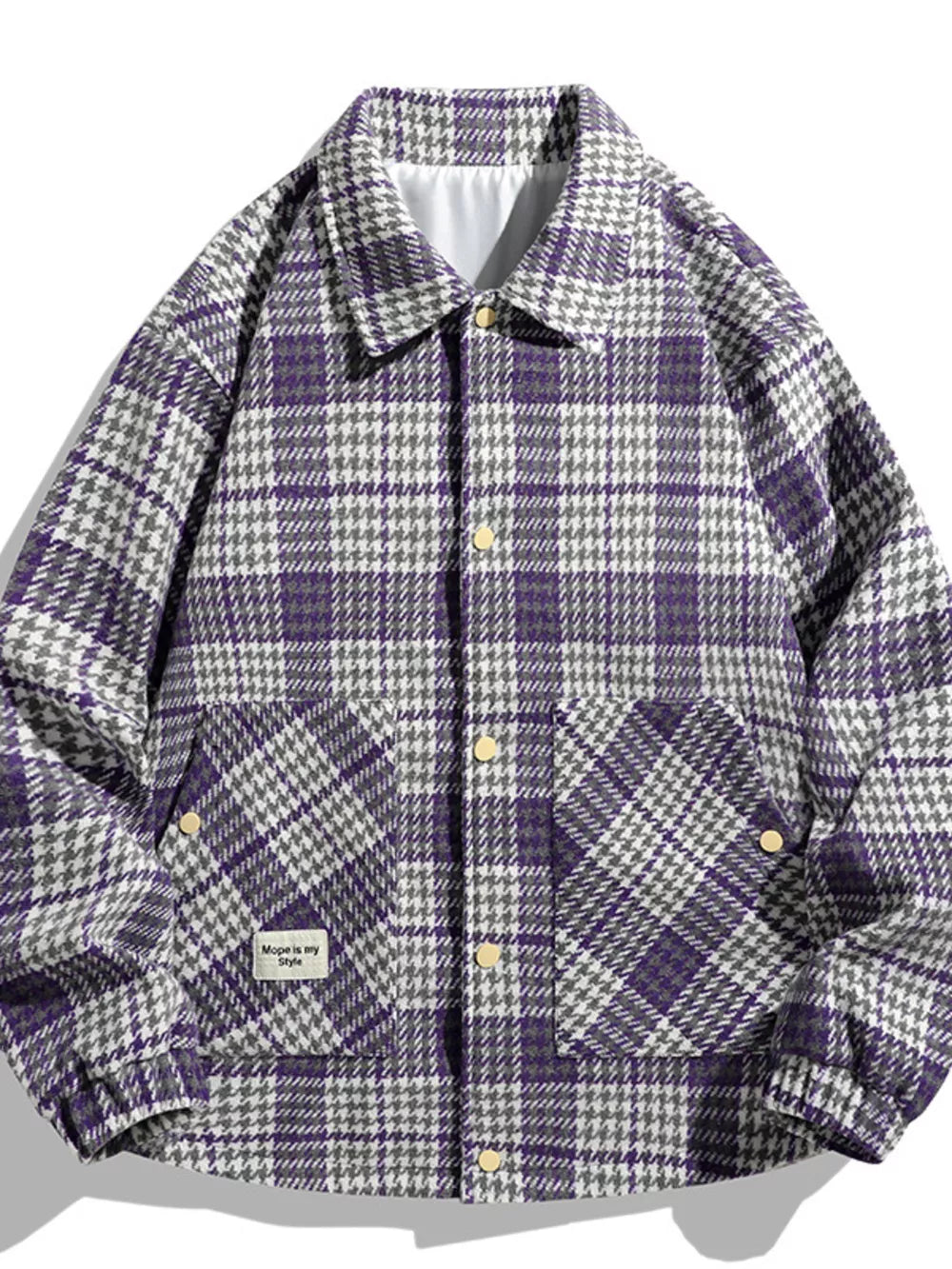 Lavender houndstooth button-up sport jacket with chest pockets and gold buttons.