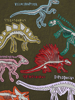 Toddler t-shirt with colorful dinosaur skeletons: Velociraptor, Stegosaurus, Tyrannosaurus, Spinosaurus, Diplodocus.