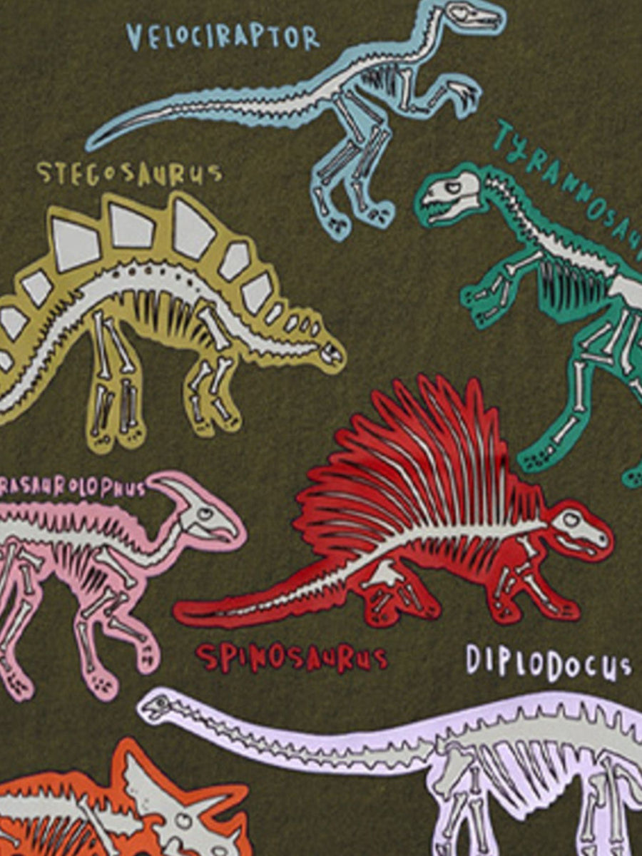 Toddler t-shirt with colorful dinosaur skeletons: Velociraptor, Stegosaurus, Tyrannosaurus, Spinosaurus, Diplodocus.