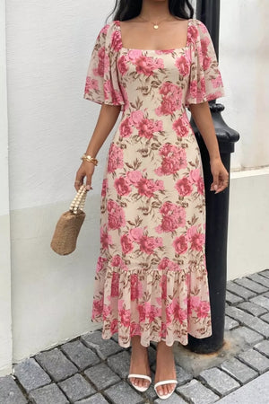 Charming floral midi dress with square neck, flutter sleeves, and ruffled hem.