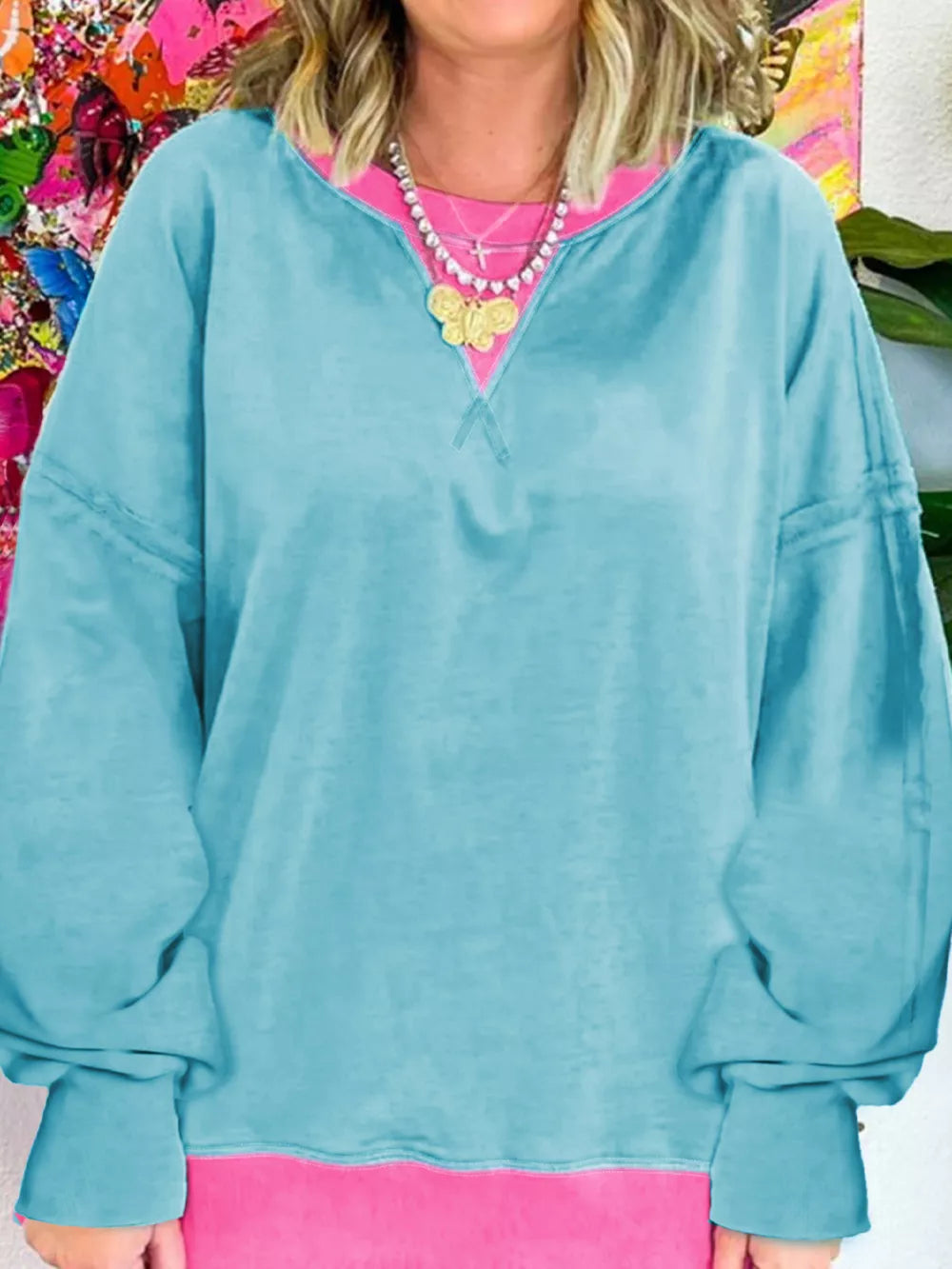 Teal Colorblock Patchwork Crew Neck Sweatshirt