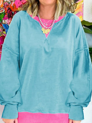 Teal Colorblock Patchwork Crew Neck Sweatshirt
