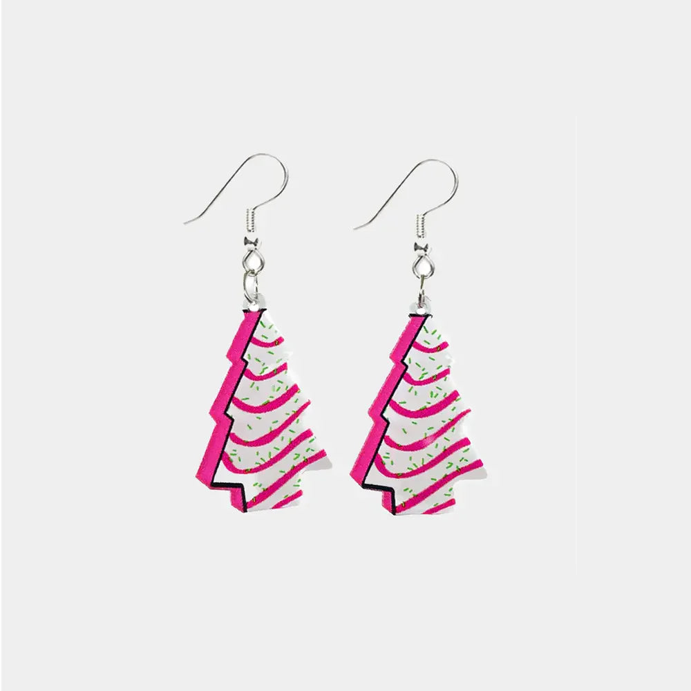 Festive acrylic tree earrings with pink frosting and green sprinkles design