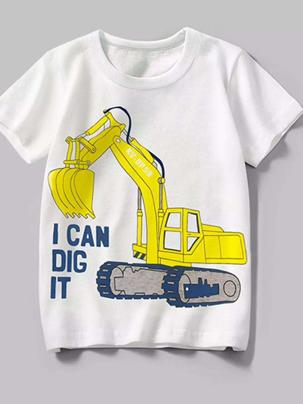 White t-shirt with yellow excavator graphic and I CAN DIG IT text