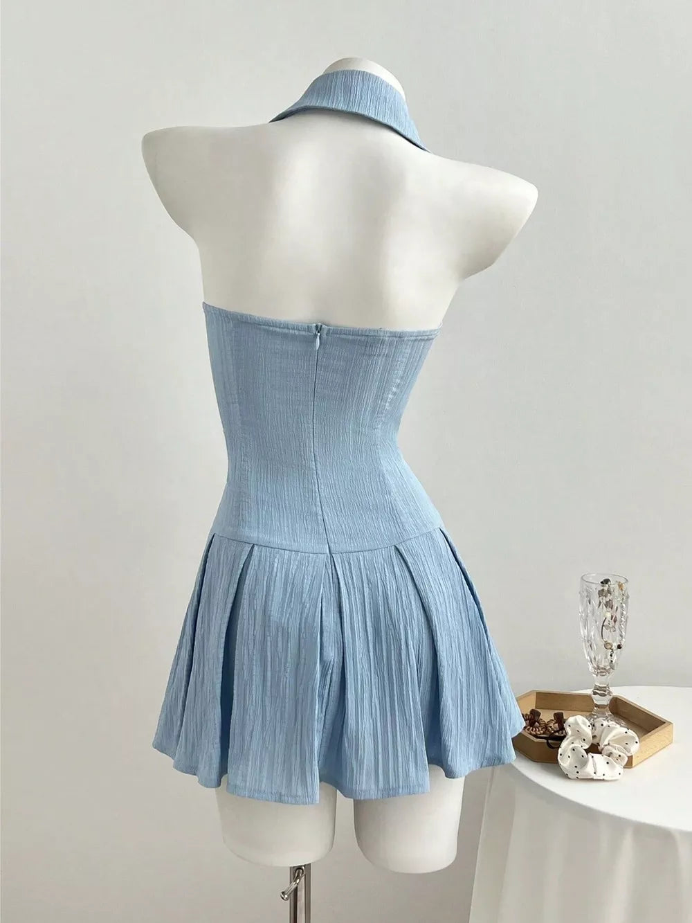 Halter Neck Bow Tie Pleated Mini Dress in this colorway