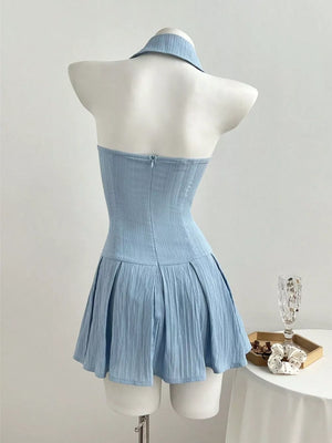 Halter Neck Bow Tie Pleated Mini Dress in this colorway