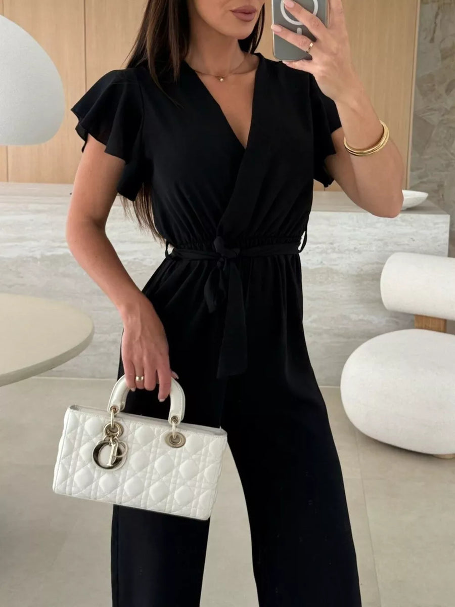 Black Surplice Ruffle Sleeve Wide Leg Jumpsuit