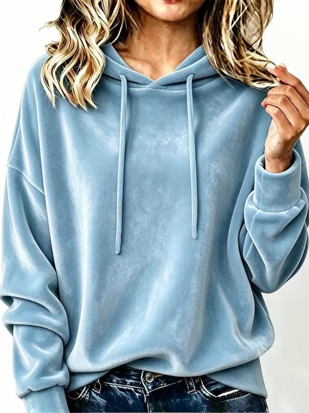 Full Size Drawstring Velvet Long Sleeve Hoodie in Light Blue with drawstring