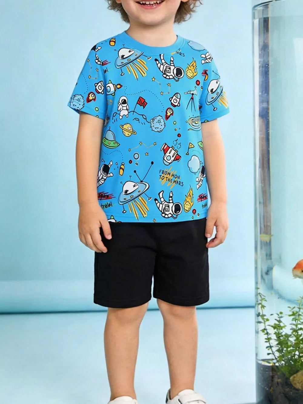 Blue cotton astronaut graphic tee and black shorts set for baby boys and girls.