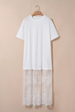 White cotton midi t-shirt dress with lace hem detail