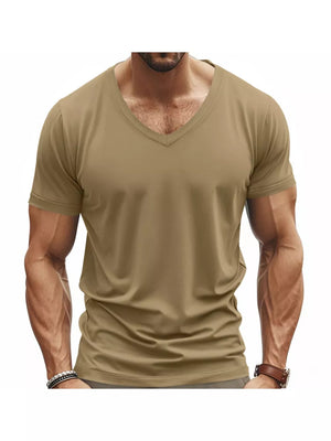 Men's Khaki V-neck T-shirt, slim fit, short sleeves, breathable cotton blend.