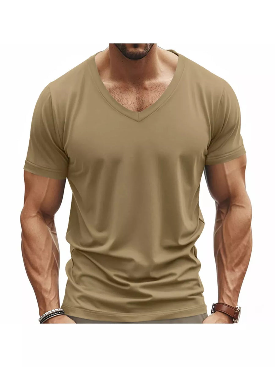 Men's Khaki V-neck T-shirt, slim fit, short sleeves, breathable cotton blend.
