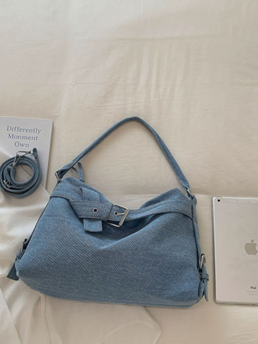 Buckle Detail Denim Shoulder Bag in Blue with buckle details
