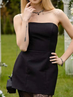 Black strapless tube top dress with lace hem detail.