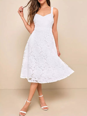 White floral lace sweetheart midi dress with a flared skirt and wide straps.