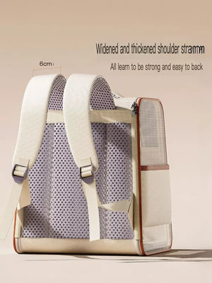 Chic two-tone pet carrier backpack with widened shoulder straps and breathable mesh back.