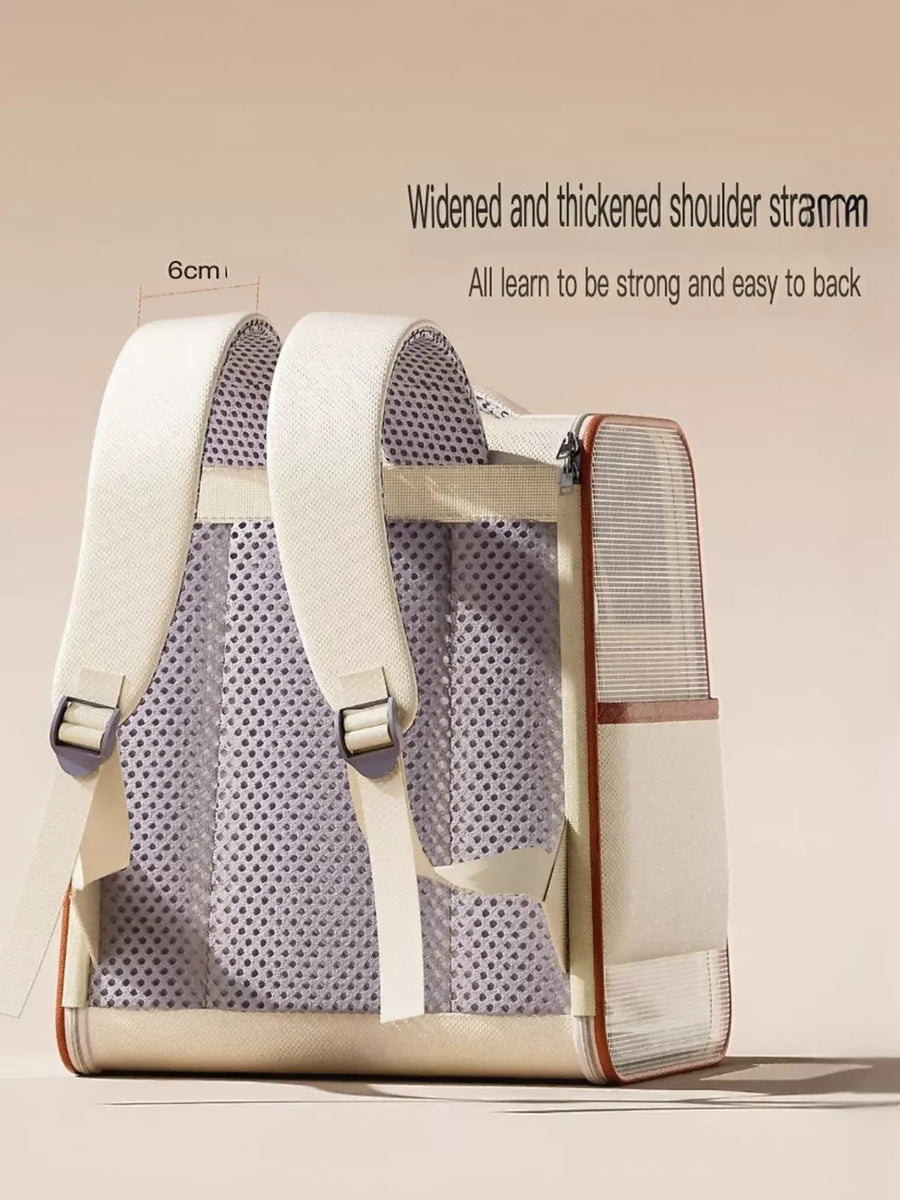 Chic two-tone pet carrier backpack with widened shoulder straps and breathable mesh back.