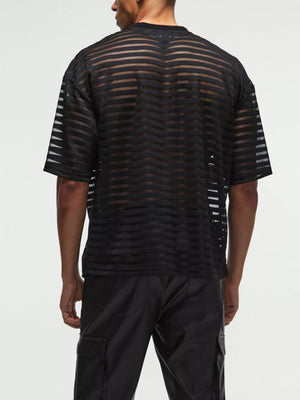 Men's black sheer striped round neck t-shirt with short sleeves.