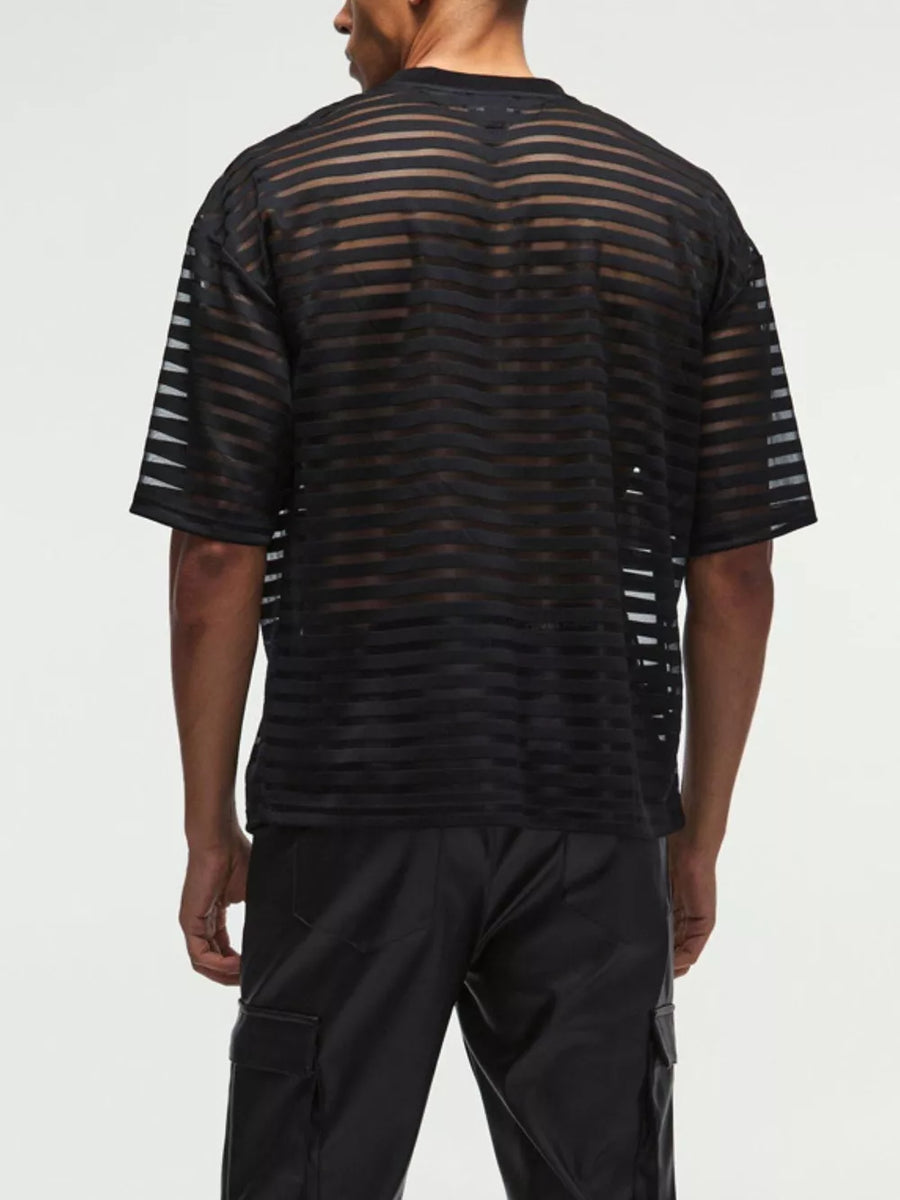 Men's black sheer striped round neck t-shirt with short sleeves.