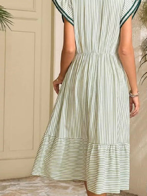 Green striped midi dress with ruffle sleeves and tiered hem
