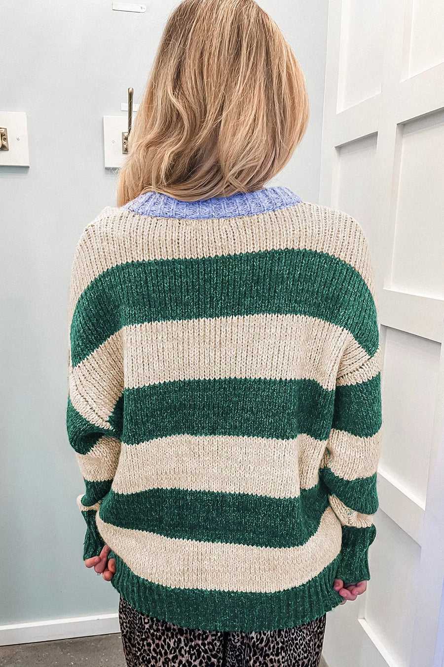 Striped Colorblock Drop Shoulder Pullover Sweater option 5