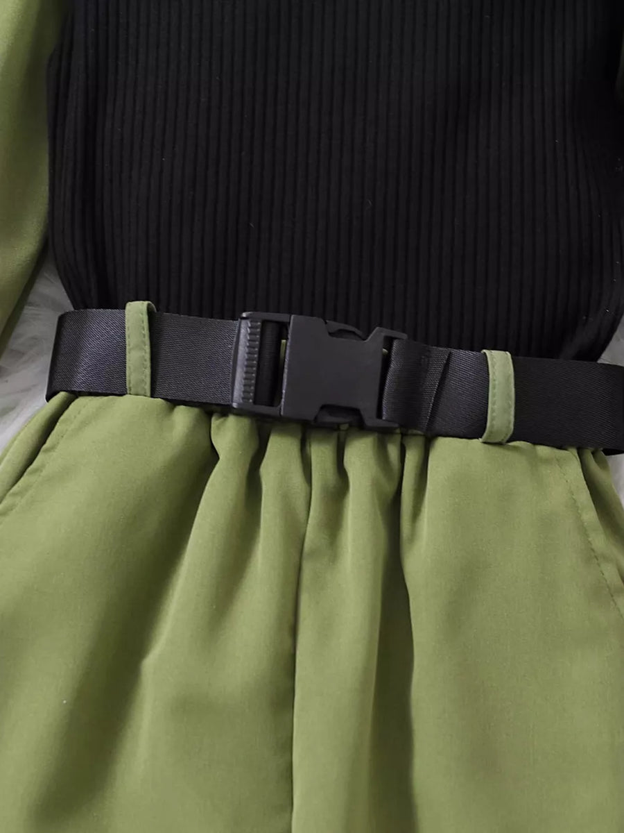 Army Green with Children's Color Block Top And Pants Set