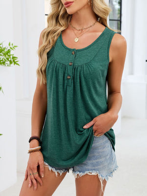 Dark green ruched tank top with button detail and curved hem.