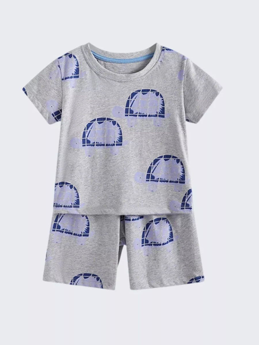 Boys' grey cotton t-shirt and shorts set with a blue turtle print.