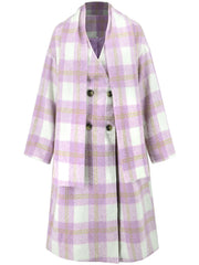 Pink purple plaid cocoon coat and scarf set with double-breasted buttons.
