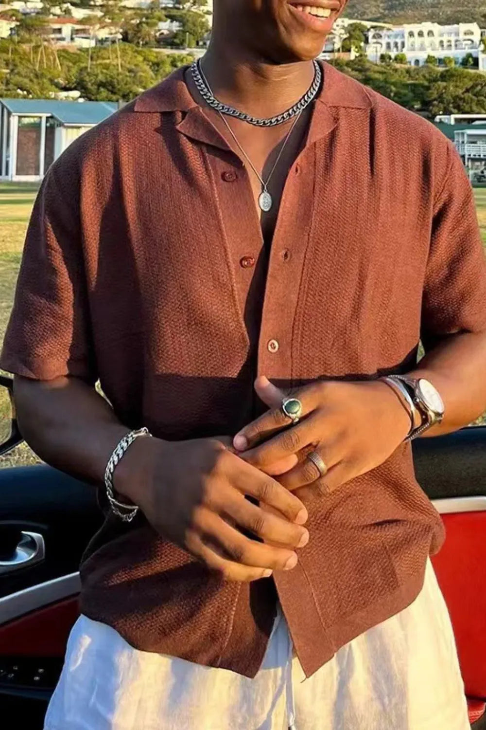 Textured brown short sleeve Cuban collar shirt with button front