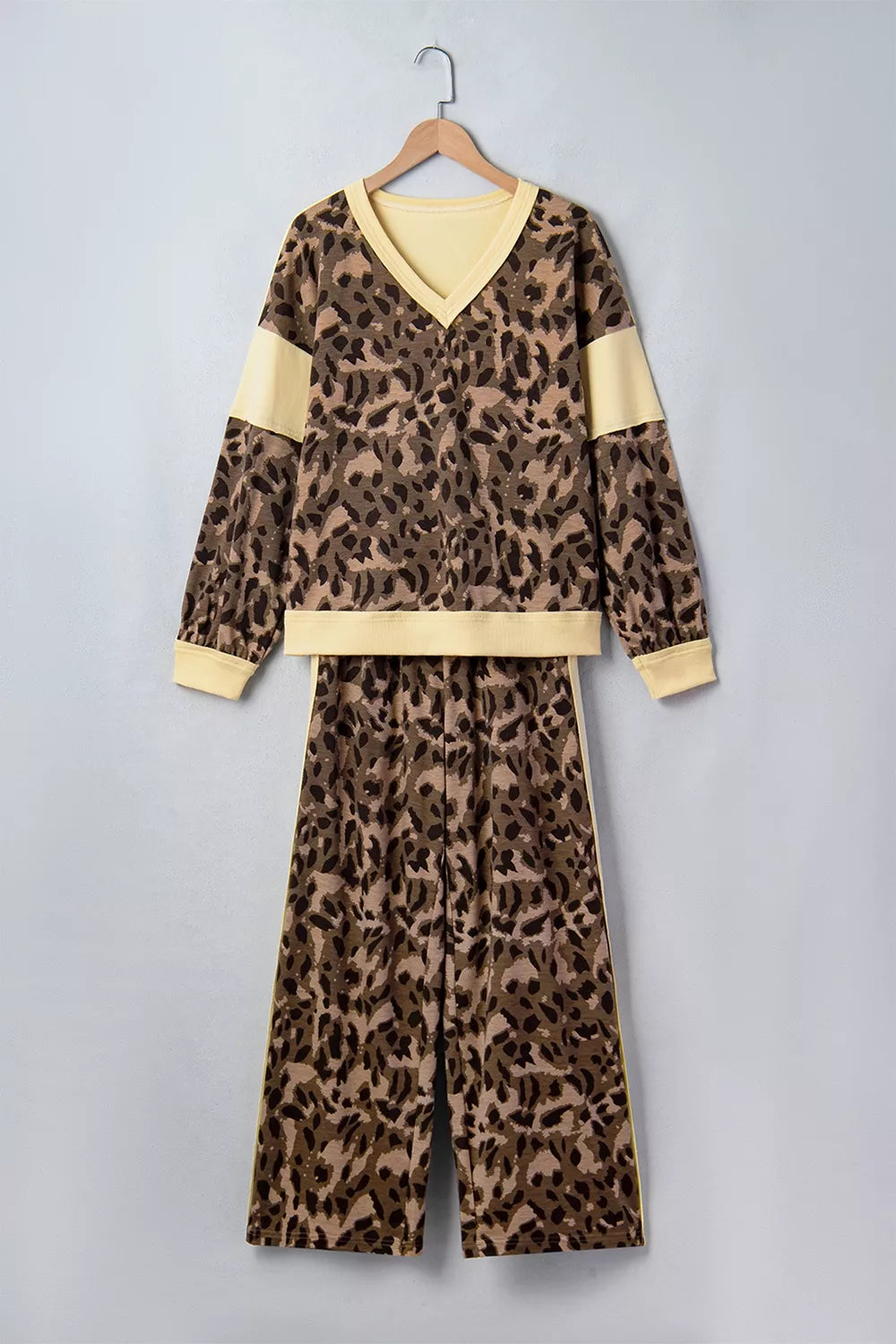 Leopard Print Long Sleeve V-neck Top & Pant Set option 5