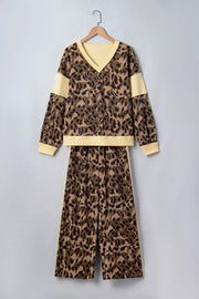 Leopard Print Long Sleeve V-neck Top & Pant Set option 5