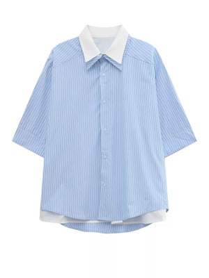 Blue striped button-up shirt with white collar and layered hem