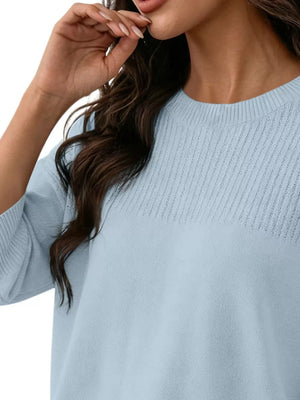 Elegant Crew Neck Eyelet Ribbed Sweater in Sky Blue