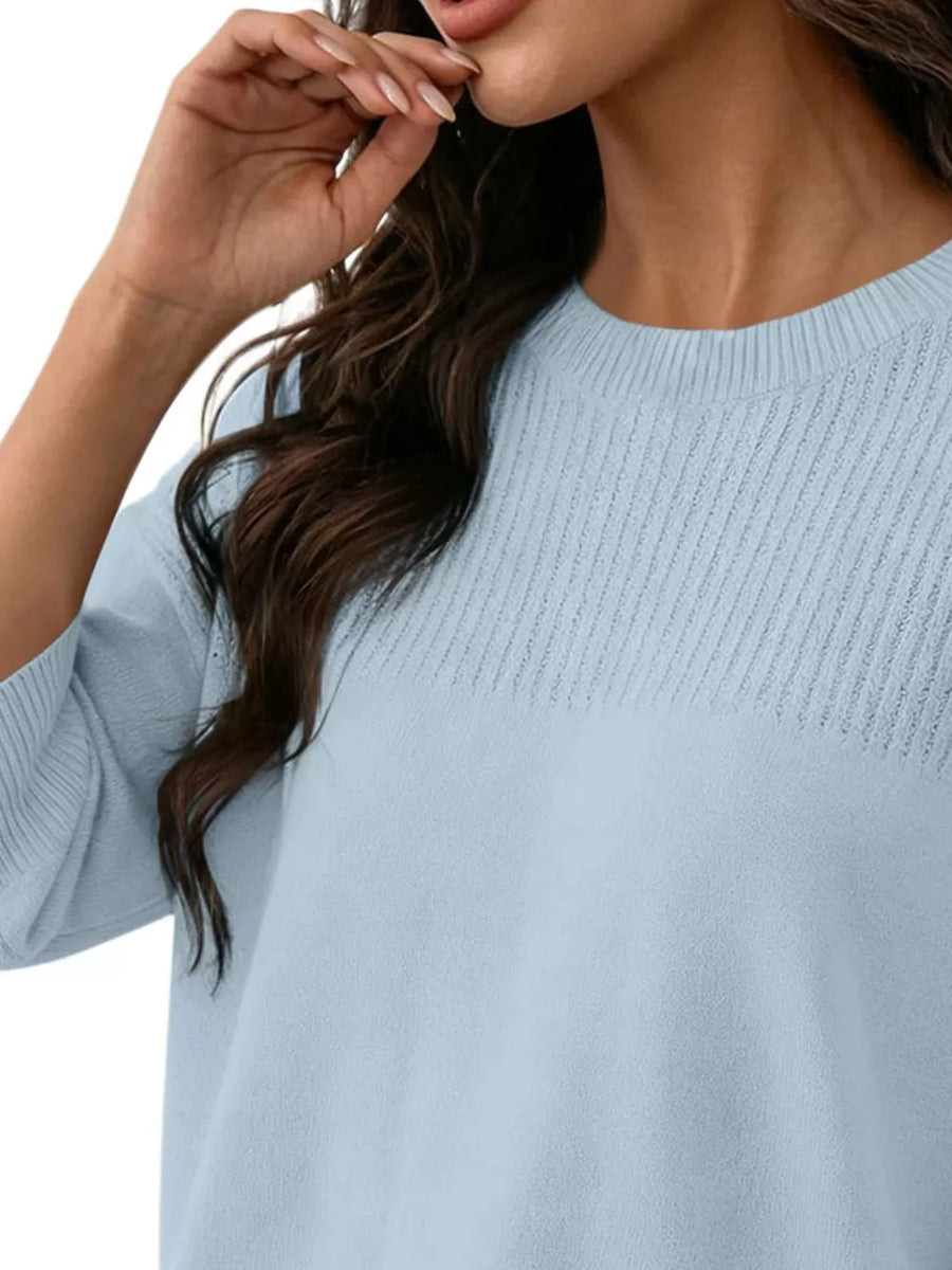 Elegant Crew Neck Eyelet Ribbed Sweater in Sky Blue