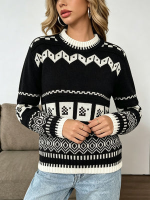Christmas Festive Fair Isle Patterned Crew Neck Sweater in Black with stretch