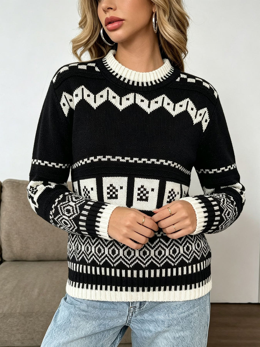Christmas Festive Fair Isle Patterned Crew Neck Sweater in Black with stretch