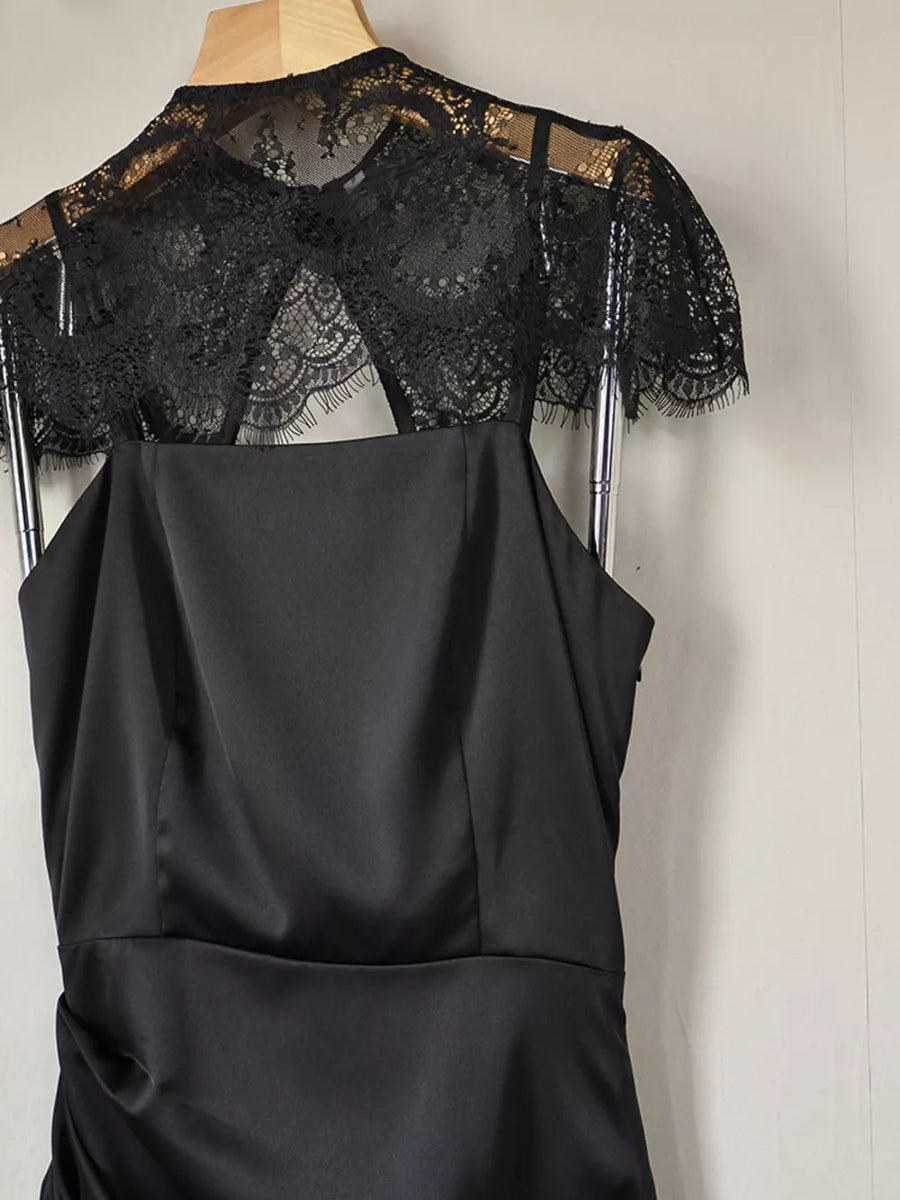 Satin Mini Dress With Lace Detachable Cape in Black with lace