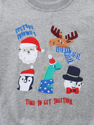 Gray crew neck sweatshirt with embroidered Christmas characters and text.
