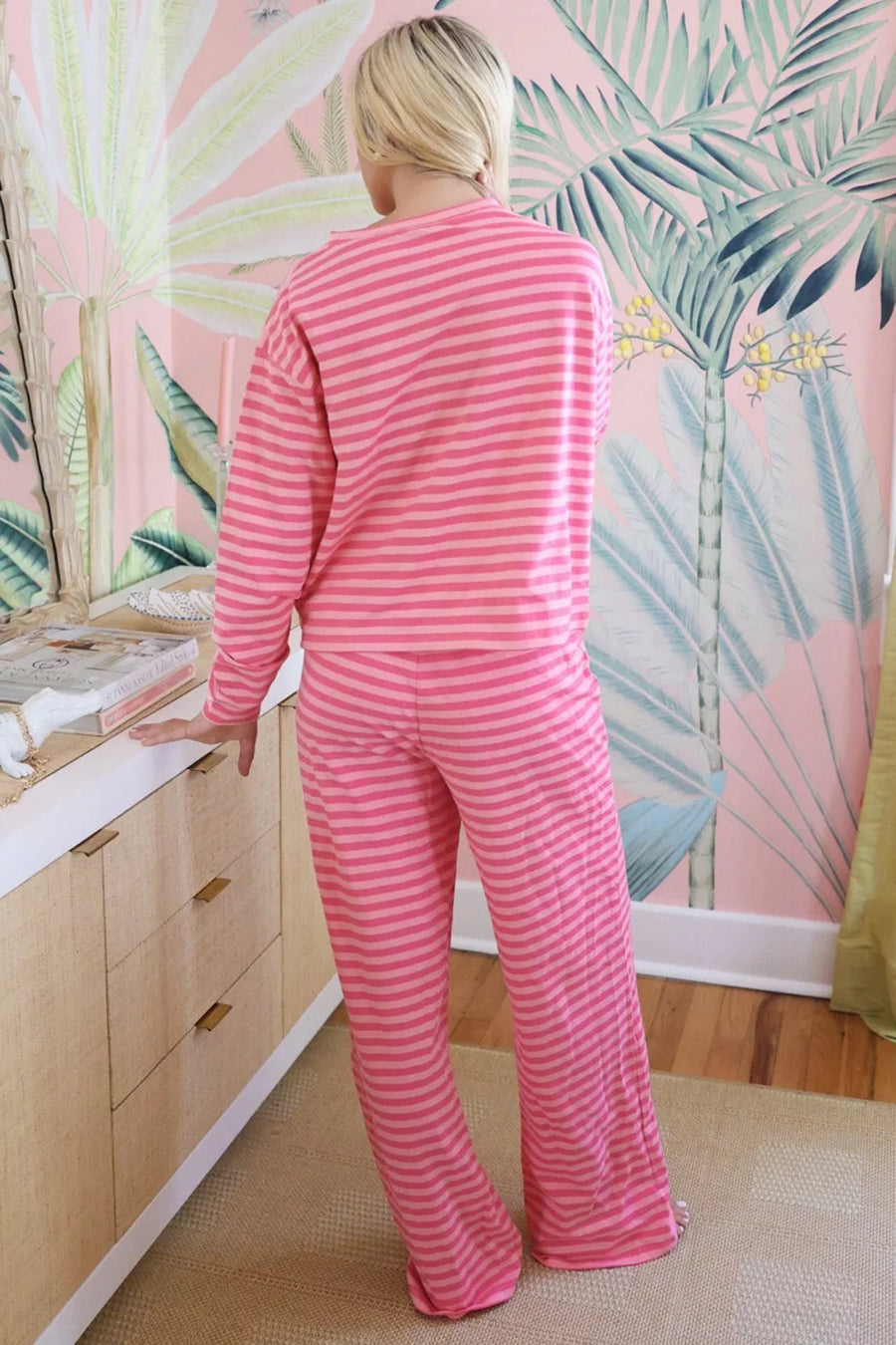 Chic pink striped cotton two-piece set with crew neck top and wide leg pants.