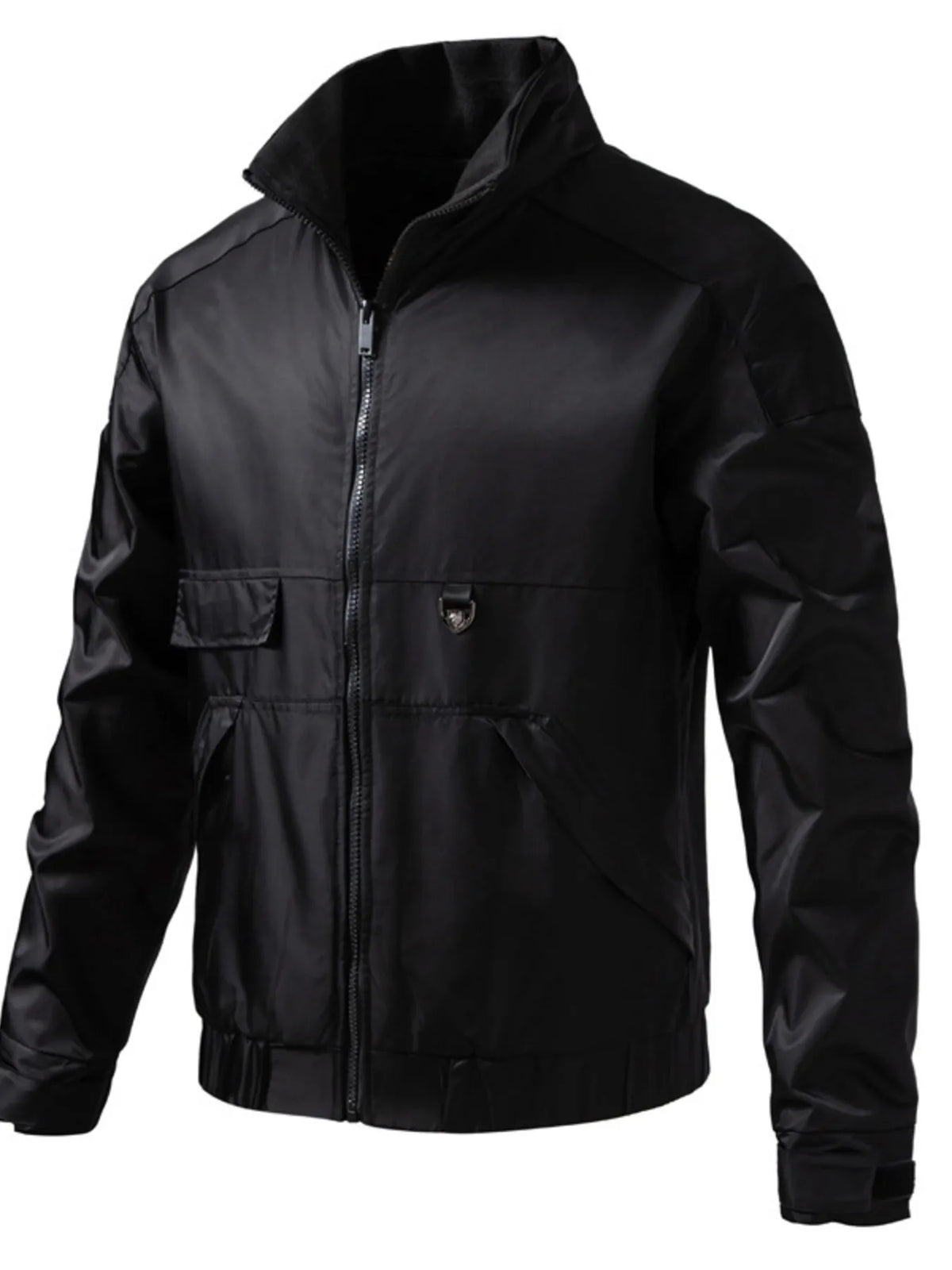 Men's black lightweight zip up track jacket with chest pocket and zip pockets.