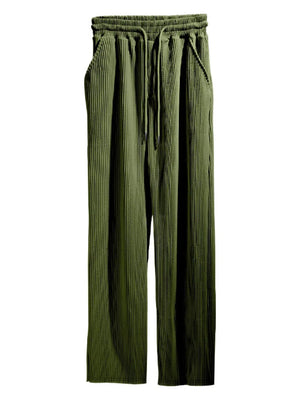 Army green textured wide-leg drawstring lounge trousers with pockets