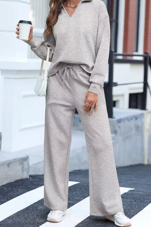 Solid Color V Neck Top And High Waist Pants Set option 4