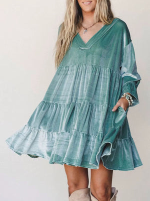 romantic mini dress in Navy Blue with v-neck