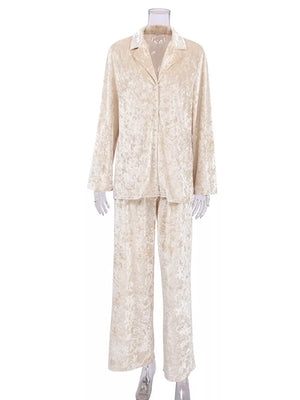 lounge set in Beige with crushed velvet texture and collared